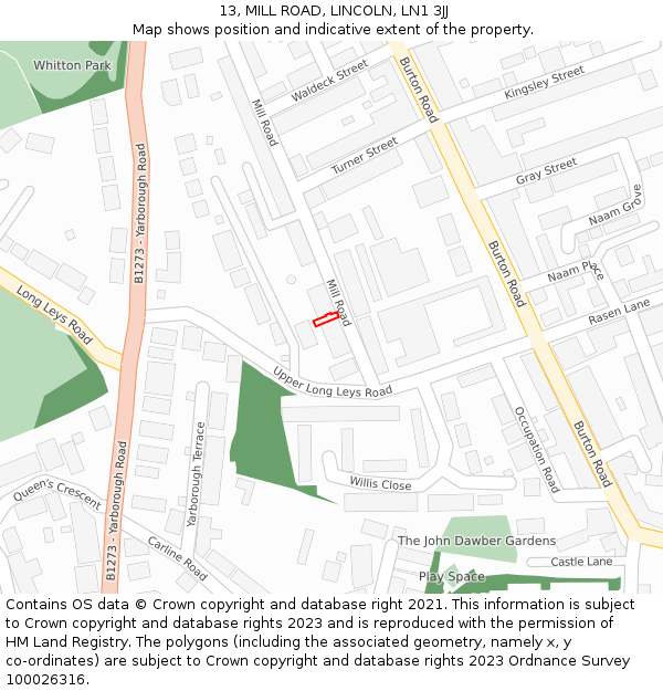 13, MILL ROAD, LINCOLN, LN1 3JJ: Location map and indicative extent of plot
