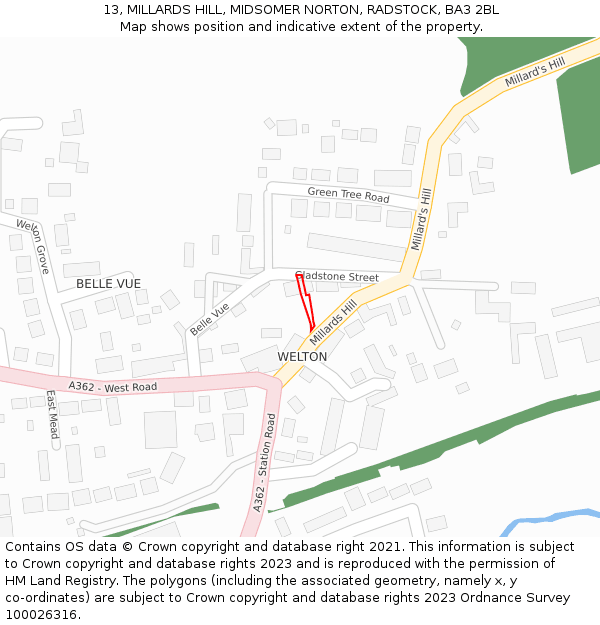 13, MILLARDS HILL, MIDSOMER NORTON, RADSTOCK, BA3 2BL: Location map and indicative extent of plot