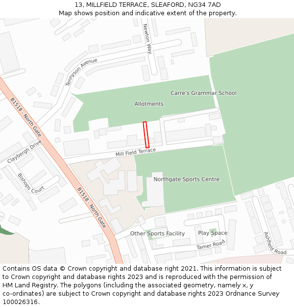 13, MILLFIELD TERRACE, SLEAFORD, NG34 7AD: Location map and indicative extent of plot