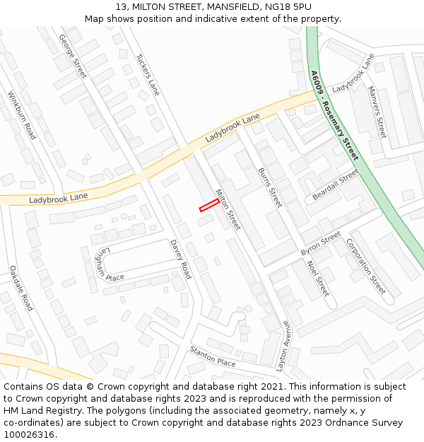 13, MILTON STREET, MANSFIELD, NG18 5PU: Location map and indicative extent of plot