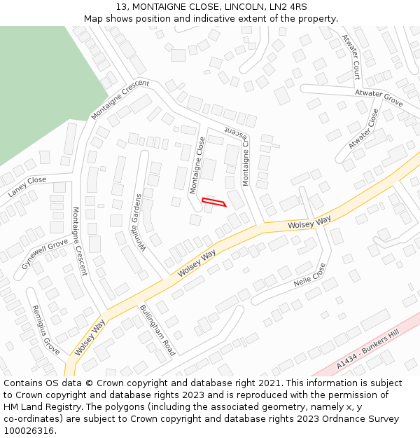 13, MONTAIGNE CLOSE, LINCOLN, LN2 4RS: Location map and indicative extent of plot