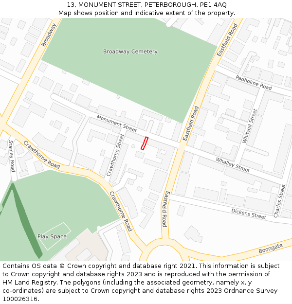 13, MONUMENT STREET, PETERBOROUGH, PE1 4AQ: Location map and indicative extent of plot