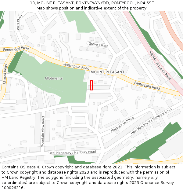 13, MOUNT PLEASANT, PONTNEWYNYDD, PONTYPOOL, NP4 6SE: Location map and indicative extent of plot