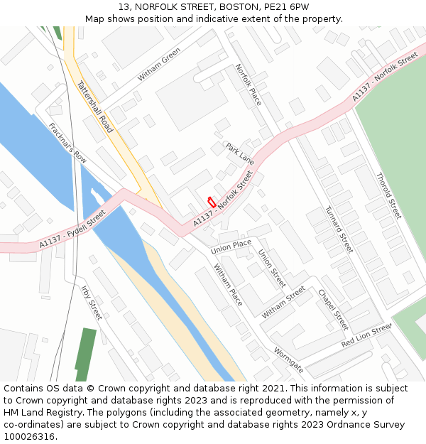 13, NORFOLK STREET, BOSTON, PE21 6PW: Location map and indicative extent of plot