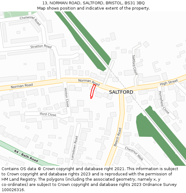 13, NORMAN ROAD, SALTFORD, BRISTOL, BS31 3BQ: Location map and indicative extent of plot