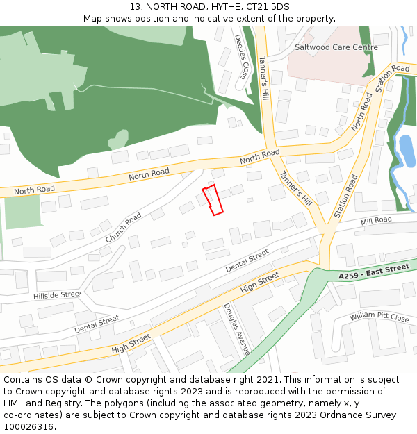 13, NORTH ROAD, HYTHE, CT21 5DS: Location map and indicative extent of plot