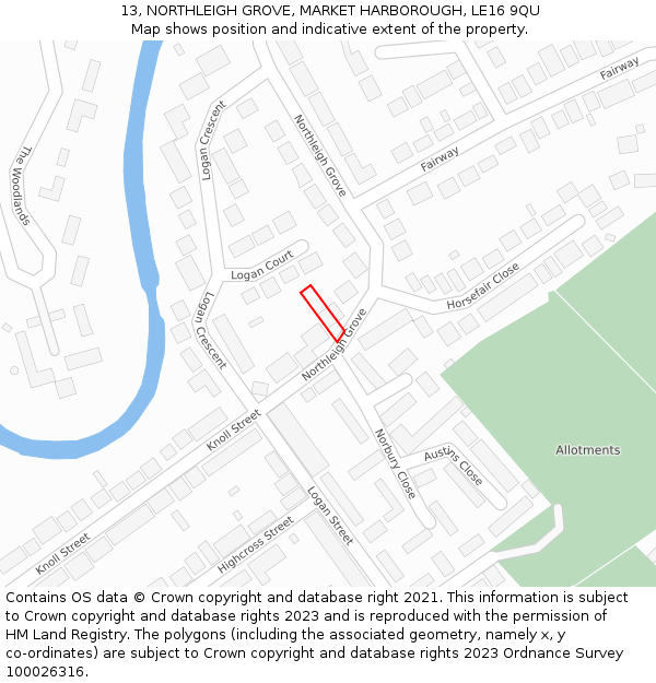 13, NORTHLEIGH GROVE, MARKET HARBOROUGH, LE16 9QU: Location map and indicative extent of plot