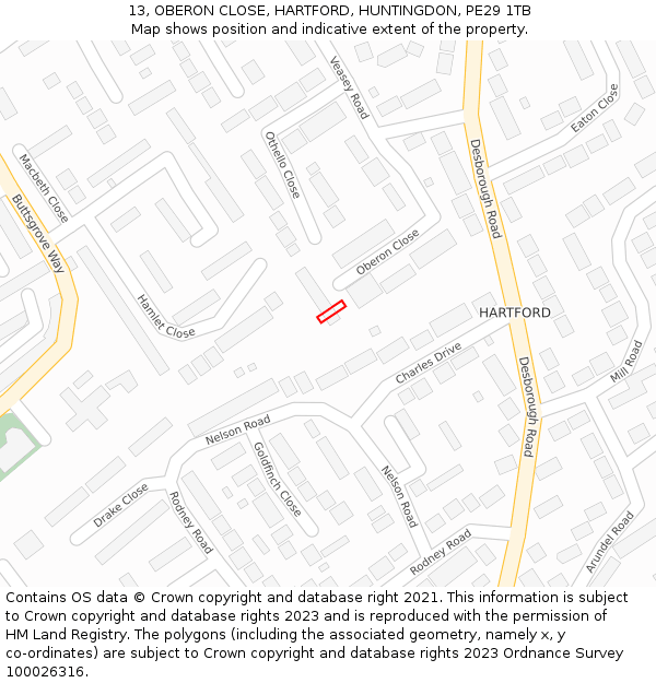 13, OBERON CLOSE, HARTFORD, HUNTINGDON, PE29 1TB: Location map and indicative extent of plot