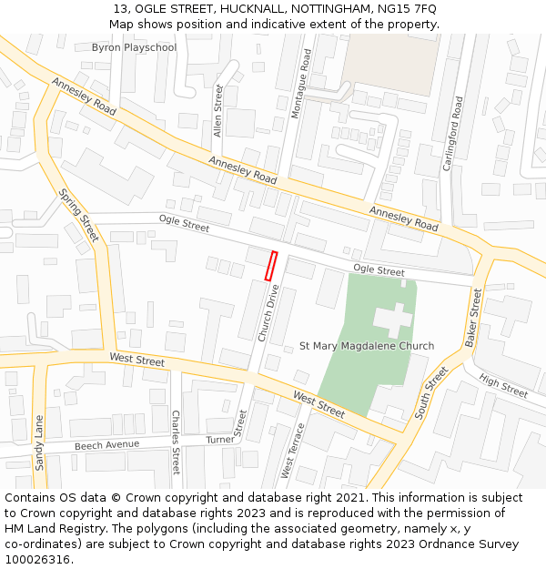 13, OGLE STREET, HUCKNALL, NOTTINGHAM, NG15 7FQ: Location map and indicative extent of plot