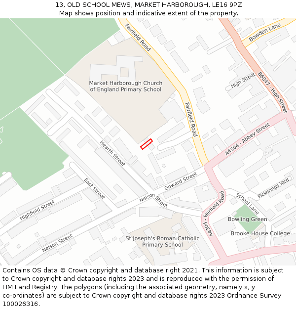 13, OLD SCHOOL MEWS, MARKET HARBOROUGH, LE16 9PZ: Location map and indicative extent of plot
