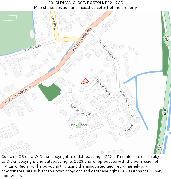 13, OLDMAN CLOSE, BOSTON, PE21 7GD: Location map and indicative extent of plot