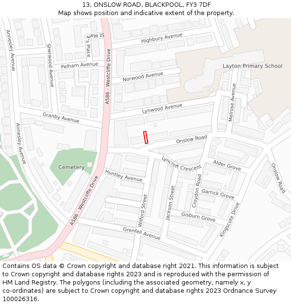 13, ONSLOW ROAD, BLACKPOOL, FY3 7DF: Location map and indicative extent of plot