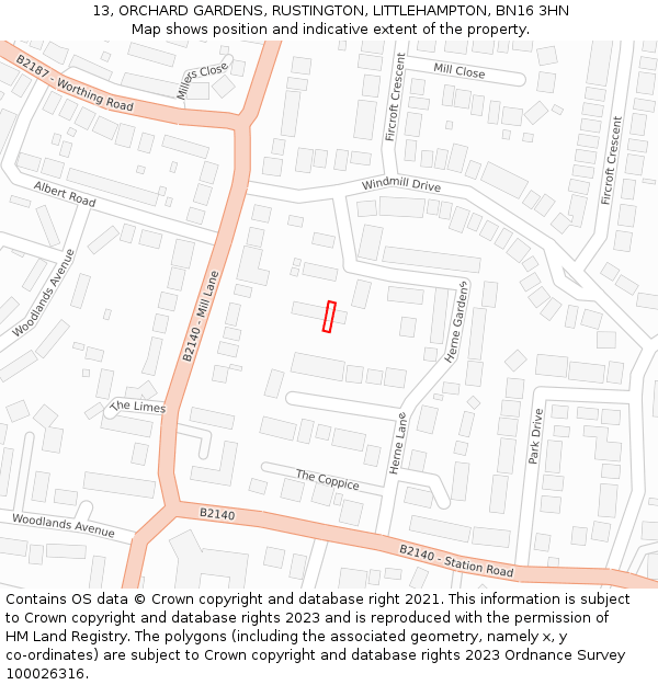 13, ORCHARD GARDENS, RUSTINGTON, LITTLEHAMPTON, BN16 3HN: Location map and indicative extent of plot