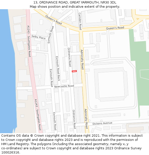 13, ORDNANCE ROAD, GREAT YARMOUTH, NR30 3DL: Location map and indicative extent of plot