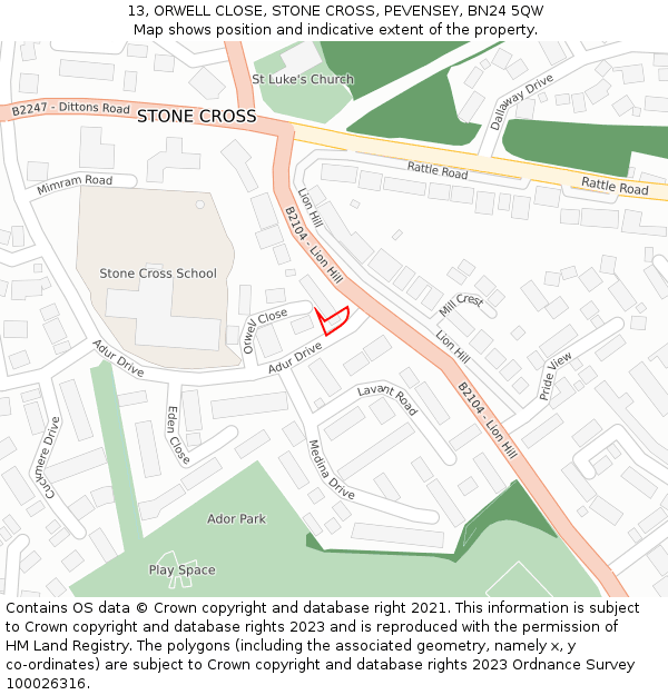 13, ORWELL CLOSE, STONE CROSS, PEVENSEY, BN24 5QW: Location map and indicative extent of plot