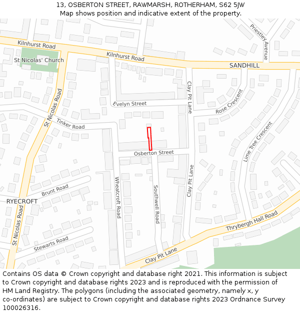 13, OSBERTON STREET, RAWMARSH, ROTHERHAM, S62 5JW: Location map and indicative extent of plot