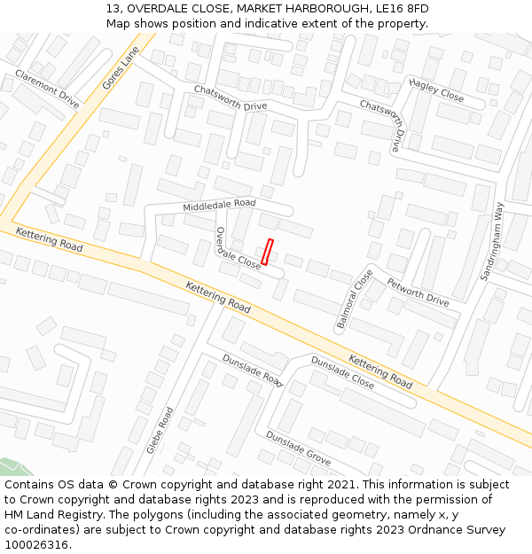 13, OVERDALE CLOSE, MARKET HARBOROUGH, LE16 8FD: Location map and indicative extent of plot