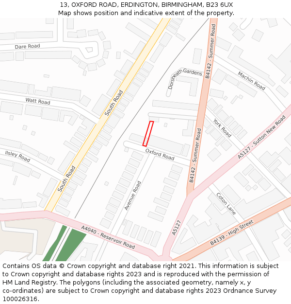 13, OXFORD ROAD, ERDINGTON, BIRMINGHAM, B23 6UX: Location map and indicative extent of plot