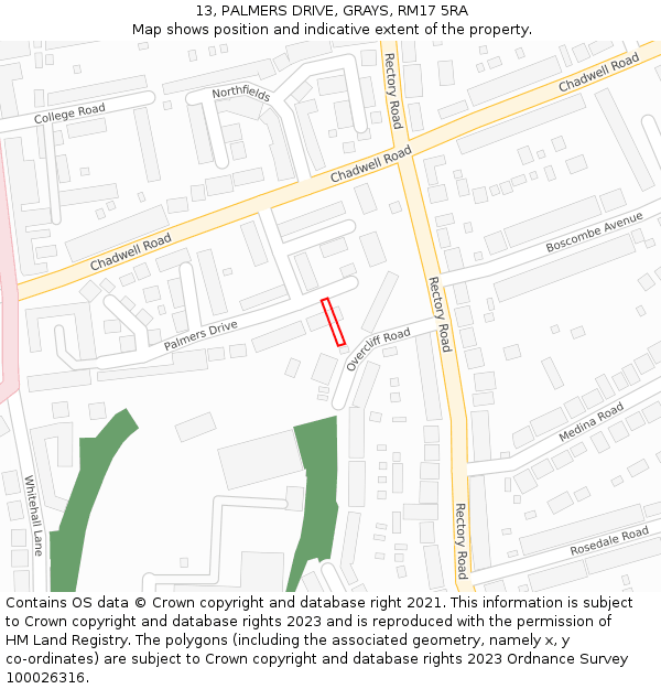 13, PALMERS DRIVE, GRAYS, RM17 5RA: Location map and indicative extent of plot