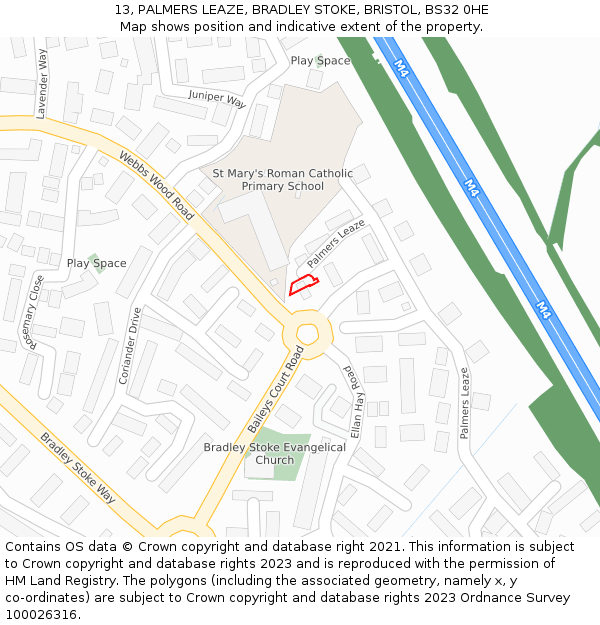 13, PALMERS LEAZE, BRADLEY STOKE, BRISTOL, BS32 0HE: Location map and indicative extent of plot
