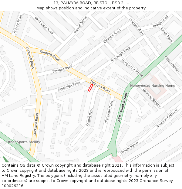 13, PALMYRA ROAD, BRISTOL, BS3 3HU: Location map and indicative extent of plot