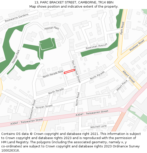 13, PARC BRACKET STREET, CAMBORNE, TR14 8BN: Location map and indicative extent of plot