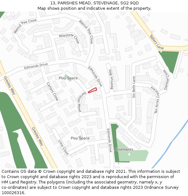 13, PARISHES MEAD, STEVENAGE, SG2 9QD: Location map and indicative extent of plot