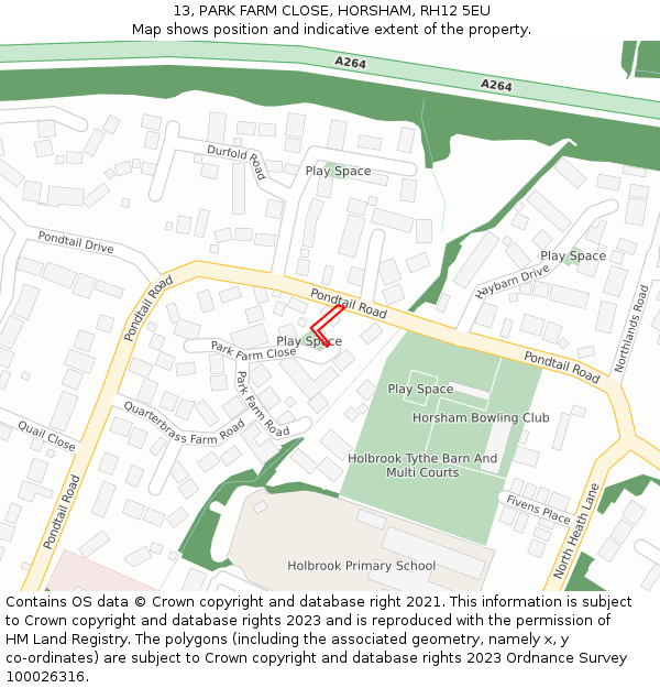 13, PARK FARM CLOSE, HORSHAM, RH12 5EU: Location map and indicative extent of plot