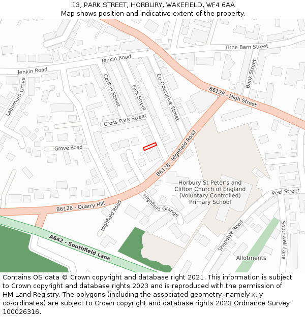 13, PARK STREET, HORBURY, WAKEFIELD, WF4 6AA: Location map and indicative extent of plot