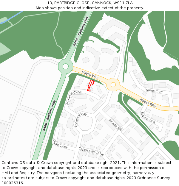 13, PARTRIDGE CLOSE, CANNOCK, WS11 7LA: Location map and indicative extent of plot