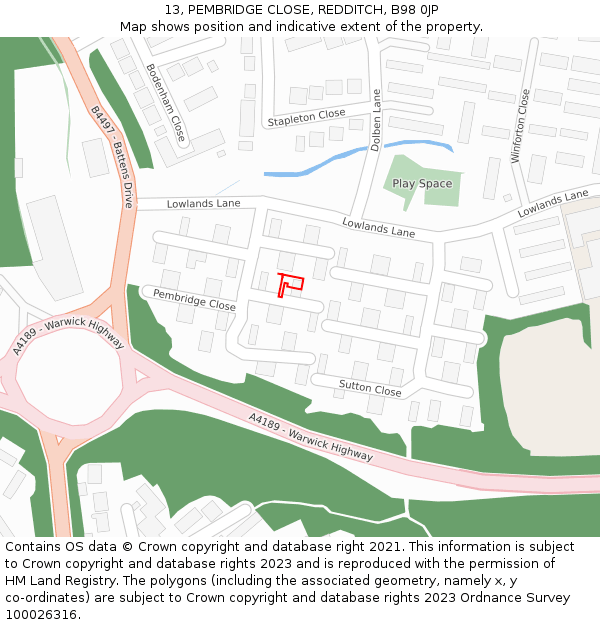 13, PEMBRIDGE CLOSE, REDDITCH, B98 0JP: Location map and indicative extent of plot
