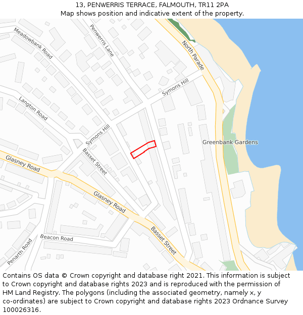 13, PENWERRIS TERRACE, FALMOUTH, TR11 2PA: Location map and indicative extent of plot