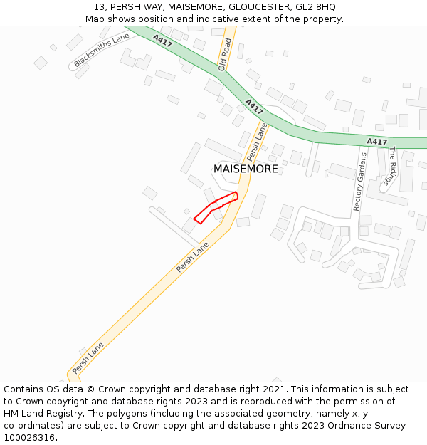 13, PERSH WAY, MAISEMORE, GLOUCESTER, GL2 8HQ: Location map and indicative extent of plot