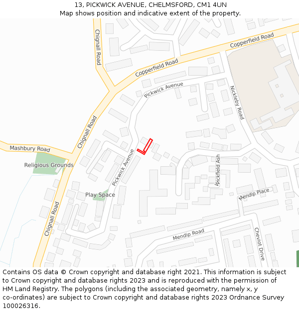 13, PICKWICK AVENUE, CHELMSFORD, CM1 4UN: Location map and indicative extent of plot