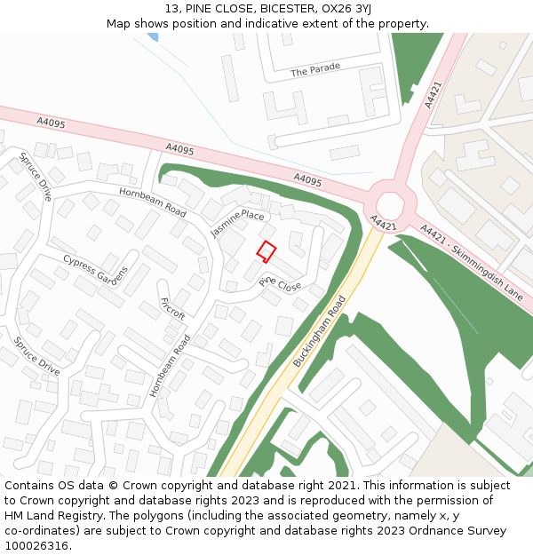 13, PINE CLOSE, BICESTER, OX26 3YJ: Location map and indicative extent of plot