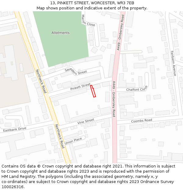13, PINKETT STREET, WORCESTER, WR3 7EB: Location map and indicative extent of plot