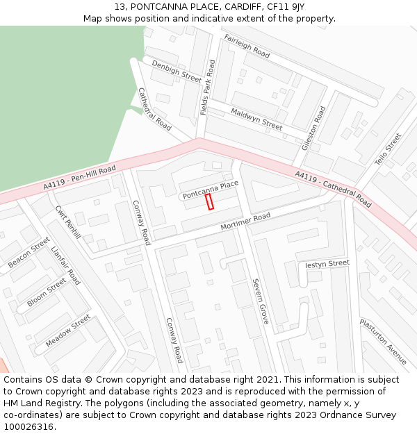 13, PONTCANNA PLACE, CARDIFF, CF11 9JY: Location map and indicative extent of plot