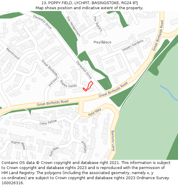13, POPPY FIELD, LYCHPIT, BASINGSTOKE, RG24 8TJ: Location map and indicative extent of plot