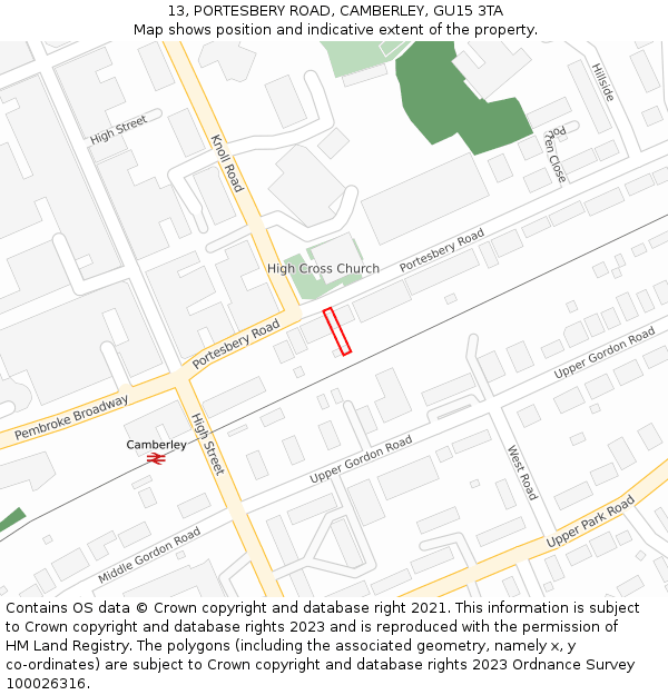 13, PORTESBERY ROAD, CAMBERLEY, GU15 3TA: Location map and indicative extent of plot