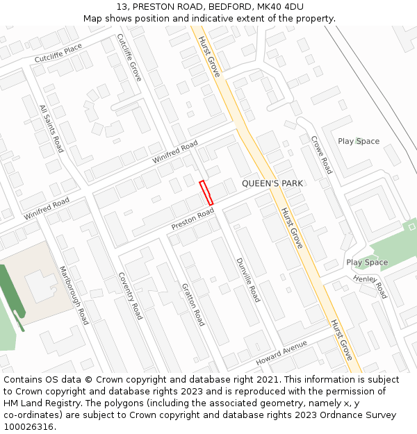 13, PRESTON ROAD, BEDFORD, MK40 4DU: Location map and indicative extent of plot