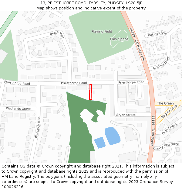 13, PRIESTHORPE ROAD, FARSLEY, PUDSEY, LS28 5JR: Location map and indicative extent of plot