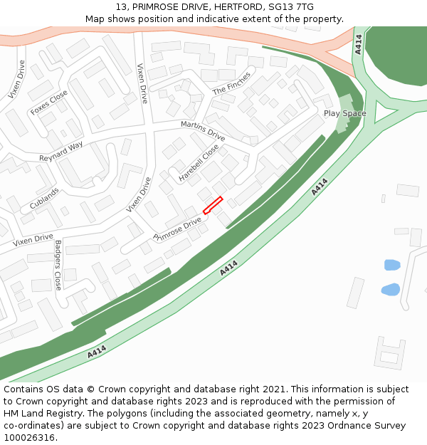 13, PRIMROSE DRIVE, HERTFORD, SG13 7TG: Location map and indicative extent of plot