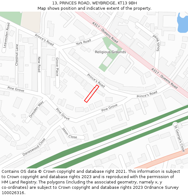 13, PRINCES ROAD, WEYBRIDGE, KT13 9BH: Location map and indicative extent of plot
