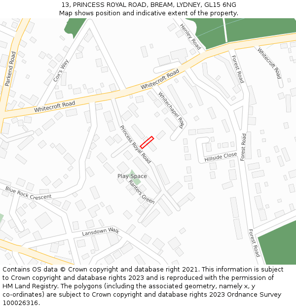 13, PRINCESS ROYAL ROAD, BREAM, LYDNEY, GL15 6NG: Location map and indicative extent of plot