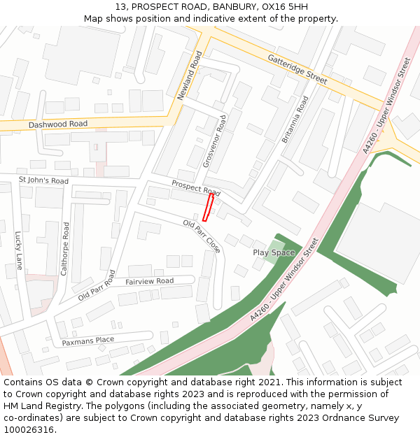 13, PROSPECT ROAD, BANBURY, OX16 5HH: Location map and indicative extent of plot