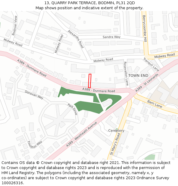 13, QUARRY PARK TERRACE, BODMIN, PL31 2QD: Location map and indicative extent of plot
