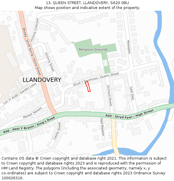 13, QUEEN STREET, LLANDOVERY, SA20 0BU: Location map and indicative extent of plot