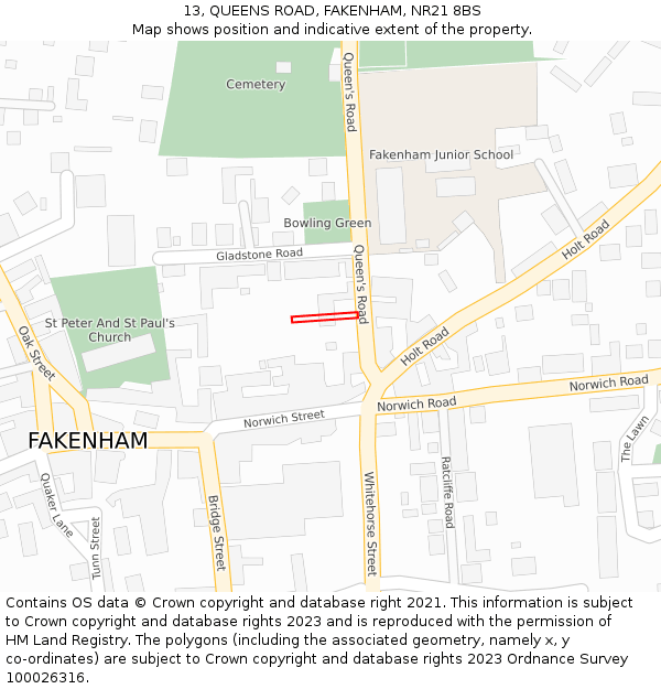 13, QUEENS ROAD, FAKENHAM, NR21 8BS: Location map and indicative extent of plot