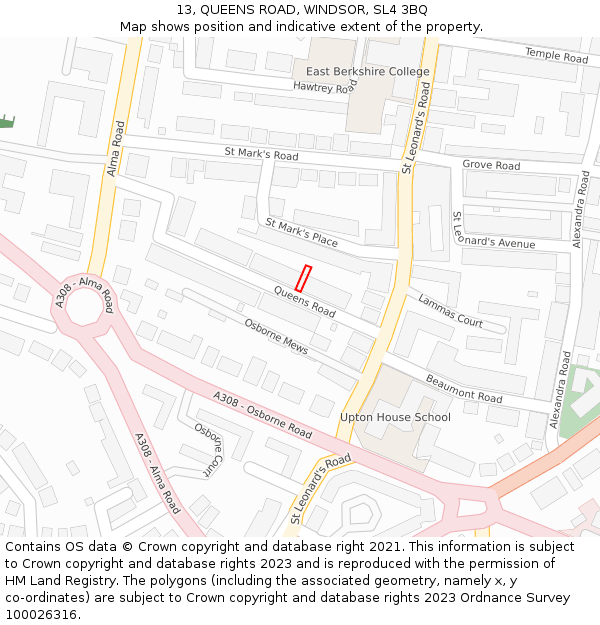 13, QUEENS ROAD, WINDSOR, SL4 3BQ: Location map and indicative extent of plot
