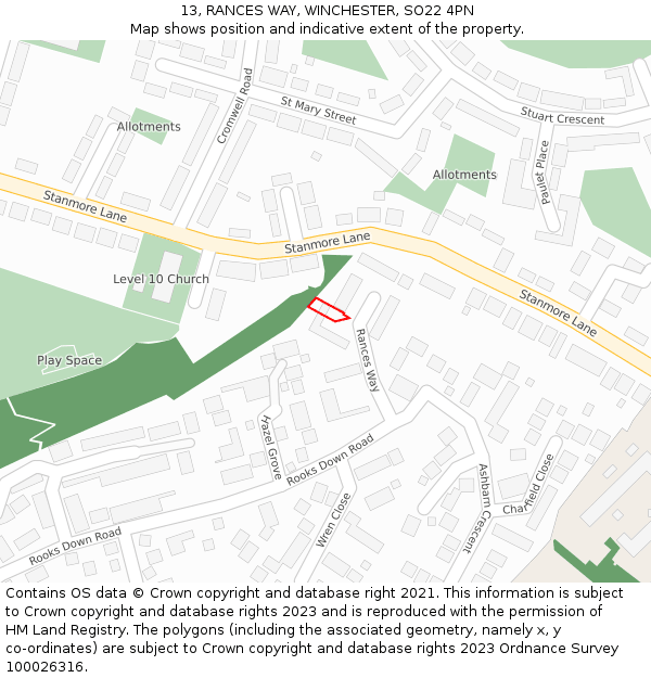 13, RANCES WAY, WINCHESTER, SO22 4PN: Location map and indicative extent of plot